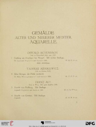 Gemälde alter und neuerer Meister. Aquarelle (Nr. 1-18)