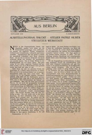 Aus Berlin: Ausstellungssaal Balcke - Atelier Patriz Huber - Steglitzer Werkstatt