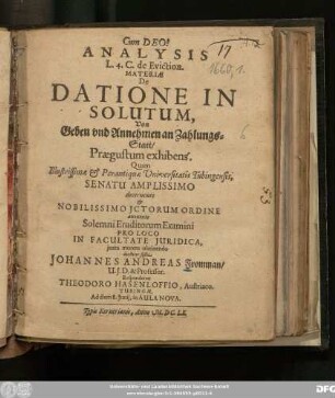 Analysis L. 4. C. de Eviction. Materiae De Datione In Solutum