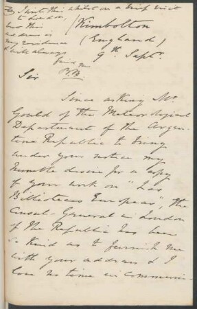[Carta de agradecimiento de B. Beedham a Vicente Quesada en inglés, Kimbolton (England), 9 de septiembre XXXX]