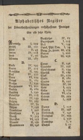 Alphabetisches Register der Lebensbeschreibungen rechschaffener Prediger über alle sechs Theile.