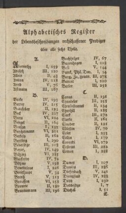 Alphabetisches Register der Lebensbeschreibungen rechschaffener Prediger über alle sechs Theile.