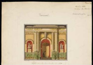 Tanzsaal mit Decke Monatskonkurrenz Februar 1872: Aufriss Schmalseite (für die Kapelle); Maßstabsleiste