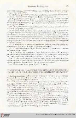 IV. Règlement qui sera observé dans l'exécution du concours pour le prix l'etude des têtes et de l'expression des passions