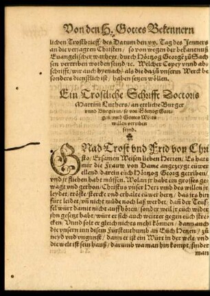 Ein Trostliche Schrifft Doctoris Martini Luthers ...