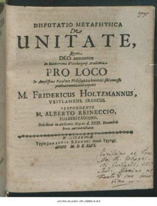 Disputatio Metaphysica De Unitate