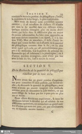 Section V. De la Recherche de la quantité du phlogistique réducteur par la voie sèche