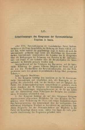 15. Entschliessungen des Kongresses der Kommunistischen Fraktion in Imola.