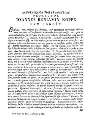 ACADEMIAE GEORGIAE AVGVSTAE PRORECTOR IOANNES BENIAMIN KOPPE C V M SENAT V.