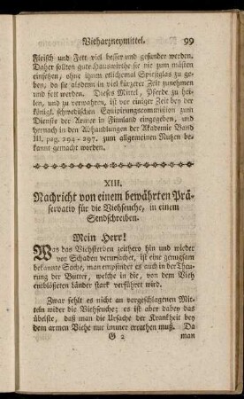 XIII. Nachricht von einem bewährten Präservativ für die Viehseuche, in einem Sendschreiben.