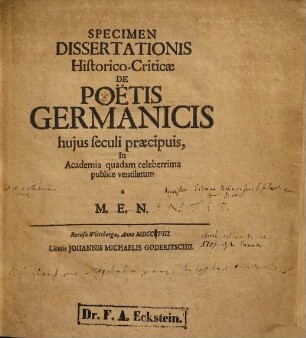 Specimen Dissertationis Historico-Criticae De Poëtis Germanicis hujus seculi praecipuis