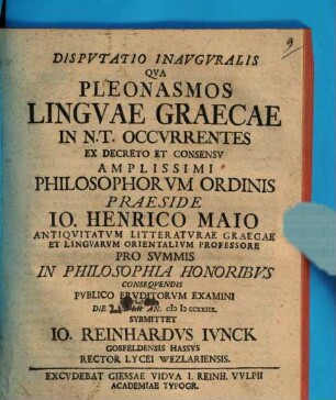 Dispvtatio Inavgvralis Qva Pleonasmos Lingvae Graecae In N. T. Occvrrentes