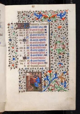 Kalendar: Februar, Monatsbild: zwei Männer am Feuer; Bordüre