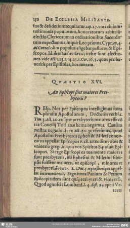 Quaestio XVI [XVIII]. An Episcopi sint maiores Presbyteris?