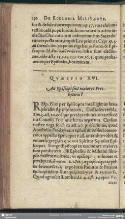 Quaestio XVI [XVIII]. An Episcopi sint maiores Presbyteris?