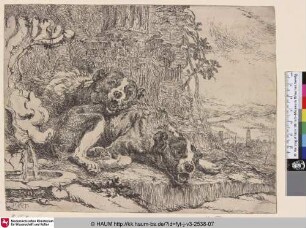 [Zwei Hunde ruhen neben einem Brunnen; Two Dogs Resting next to a Well]