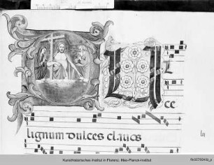 Buchseite mit Text, Neumen und historisierter Initiale D(ulce), darin Christus mit dem Kreuz - Corale