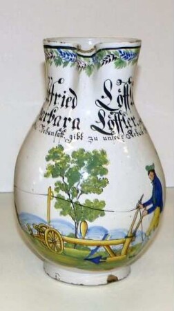 Birnkrug: Bauer beim Pflügen. Trinkspruch