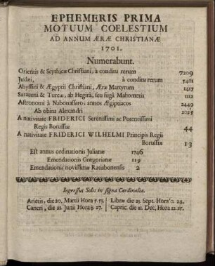 Ephemeris Prima Motuum Coelestium Ad Annun Æræ Christianæ 1701.