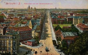 Postkartenalbum mit Motiven von Karlsruhe. "Karlsruhe in Baden. Panorama von der Bernharduskirche". Luftansicht der Kaiserstraße und Innenstadt