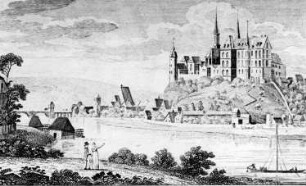 Meißen. Stadtansicht mit Schiffsmühle, Illustration, aus: Schumanns Postlexikon, Bd. 6, 1819
