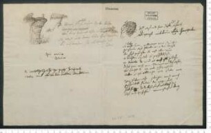 lyrischer Entwurf [Ohne Titel] ["Die Blumen, die geblüht in unserm Garten"], Vorstufe [Ohne Titel] ["So wüte Sturm, vollbringe nur dein Tun"], o.D. [nach 11./12. oder 12./13.04.1817] sowie lateinischer Zweizeiler und eine Zeichnung