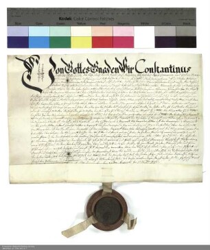 Lehenbrief Konstantins [von Buttlar], Abt von Fulda, für Johann Martin Ludwig von Schleifras über ein Burggut und eine Mühle in Salmünster und weitere im Einzelnen aufgeführte Lehen