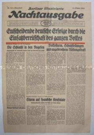 Titelblatt der Abendzeitung "Berliner illustrierte Nachtausgabe" u.a. über die Aufstellung der ersten Volkssturm-Verbände