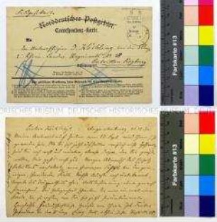 Feldpostkarte des Kameraden Joh. Fröbes an Joseph Köchling aus dem Deutsch-Französischen Krieg mit Grüßen und Mitteilung seines Abmarsches nach Metz