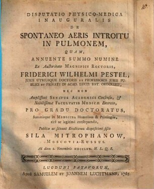 Disp. physiol.-med. inaug. de spontaneo aeris introitu in pulmonem