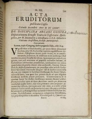 N. XII. [...] Calendis Decembris Anno M DC LXXXV.