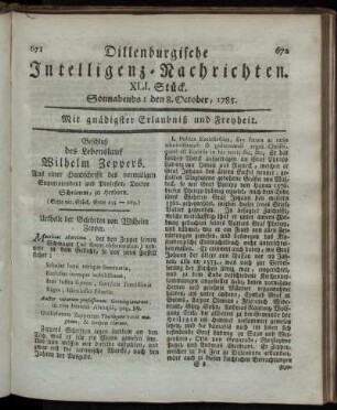 XLI. Stück. Sonnabends: den 8. October, 1785.