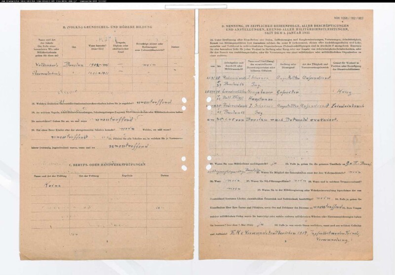 Entnazifizierung Werner Schuetz , geb. 29.06.1896 (Angestellter)