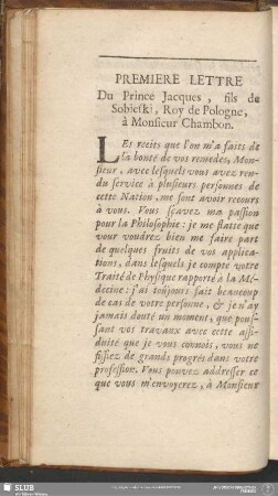 Premiere Lettre Du Prince Jacques, fils de Sobieski, Roy de Pologne, à Monsieur Chambon