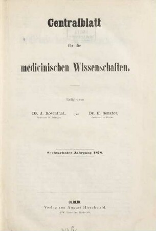 Centralblatt für die medicinischen Wissenschaften, 16. 1878