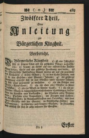 Zwölfter Theil, Oder Anleitung zur Bürgerlichen Klugheit