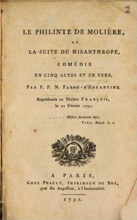 Le Philinte de Molière ou la Suite du Misanthrope : comédie en cinq actes et en vers