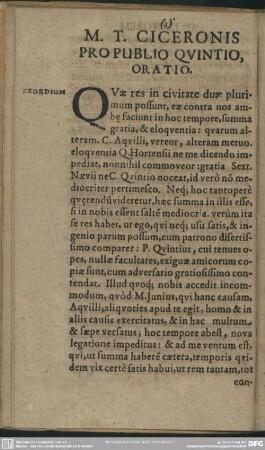 M. T. Ciceronis Pro Publio Quintio, Oratio