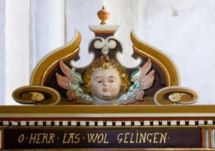 Deutschland. Niedersachsen. Wiefelstede. Sankt Johanneskirche. Geweiht 1057. Engel an der Kanzel. Angefertigt von Meister Gert Borkemann. 1644