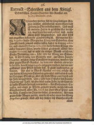 Extract-Schreiben aus dem Königl. Schwedischen Haupt-Qvartier Alt-Ranstat am 7. (17.) Decembr. 1706