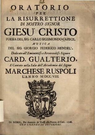 Oratorio per la Risurrettione di nostro Signor Giesù Cristo