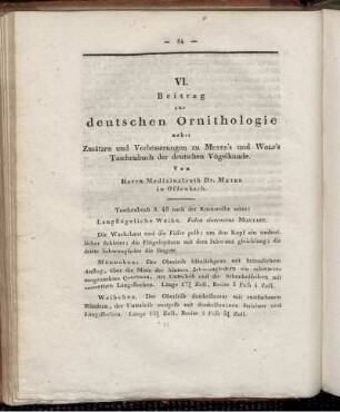 VI. Beitrag zur deutschen Ornithologie nebst Zusätzen und Verbesserungen zu Meyer's und Wolf's Taschenbuch der deutschen Vögelkunde.
