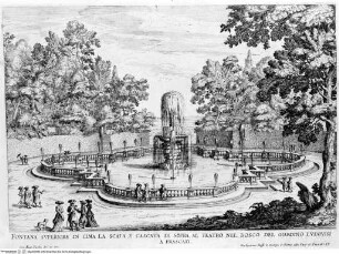 Le fontane di Roma nelle piazze e luoghi publici della città con li loro prospetti come sono al presenteBand 2: Le fontane delle ville di Frascati, nel Tusculano con li loro prospetti. [s.a.] - disegnate, et intagliate da Gio. Battista Falda. Data in luce con direttione, e cura di Gio. Giacomo de RossiLibro 2Tav. 15: Frascati, Villa Torlonia, giardino, serbatorio della cascata