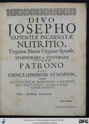 Divo Josepho Sapientiae Incarnatae Nutritio ...