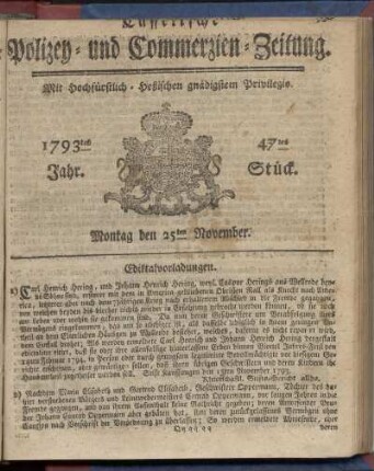 47tes Stueck, Montag den 25ten November 1793
