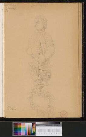Büste des Freiherrn Ludwig von Lichtenberg auf einer Wappenkonsole mit Rollwerkkartusche und leerer Namenstafel im westlichen Arkadengang (Dreiviertelansicht)