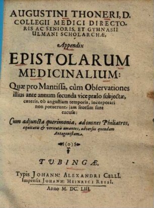 Appendix epistolarum medicinalium ...