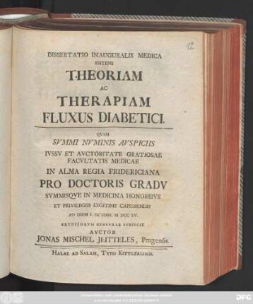 Dissertatio Inauguralis Medica Sistens Theoriam Ac Therapiam Fluxus Diabetici