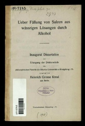 Über Fällung von Salzen aus wässrigen Lösungen durch Alkohol