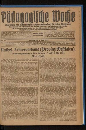 Kathol. Lehrerverband (Provinz Westfalen) : Vertreterversammlung in Paderborn am 17. und 18. Mai 1921 ; Niederschrift